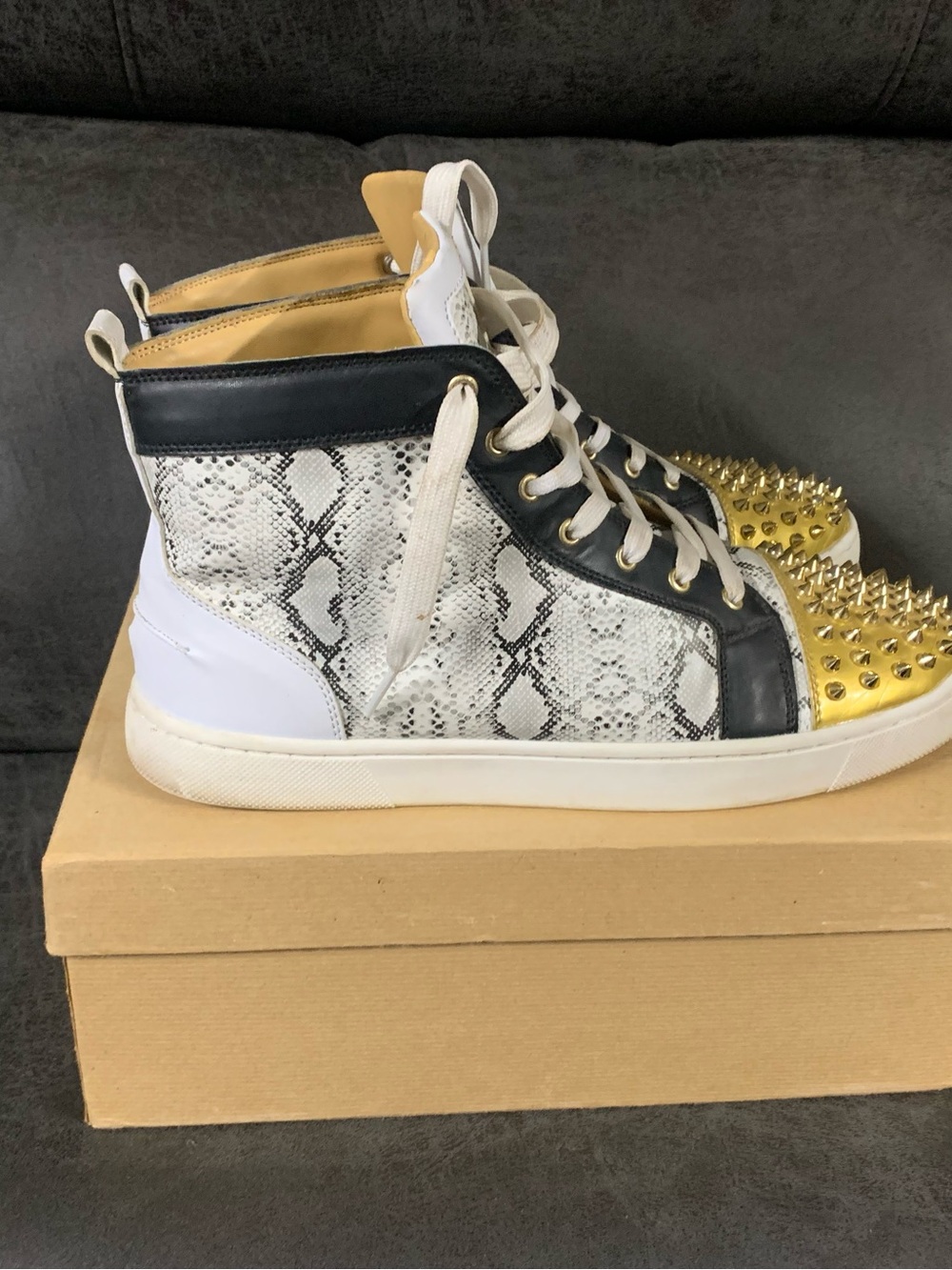 Christian Louboutin Snake-Print High-Top Sneakers with Gold Spike Toe